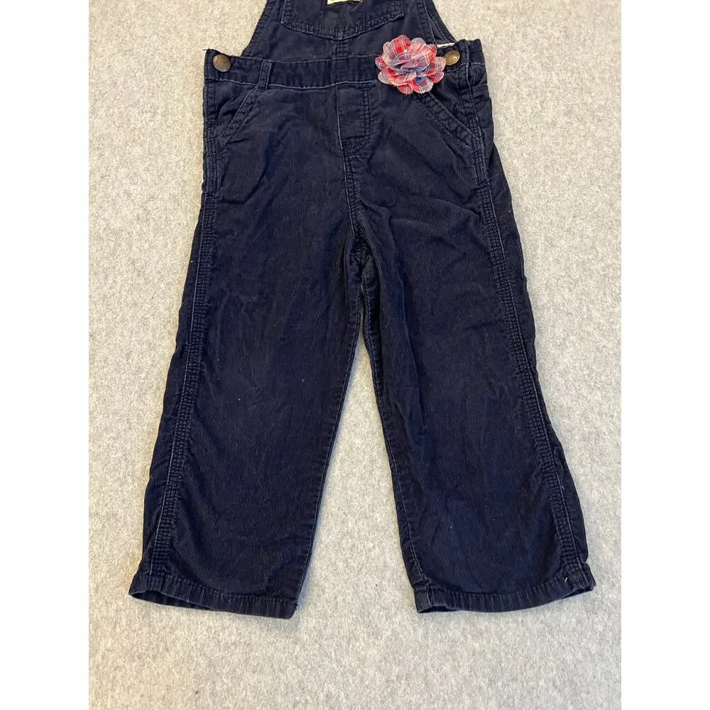 OshKosh B'gosh Baby Girls 2T 100% Cotton Overalls Corduroy 3D Flower Navy‎ Blue